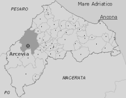 La Provincia di Ancona con evidenziato il Comune di Arcevia